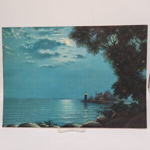 Vintage Lighthouse Landscape Night Scene Art Print by George Hacker 20"x14